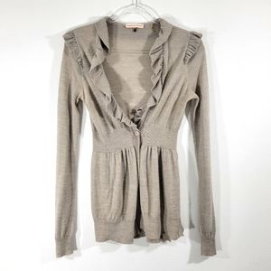 REBECCA TAYLOR wool alpaca knit flirty ruffled taupe fitted cardigan sweater